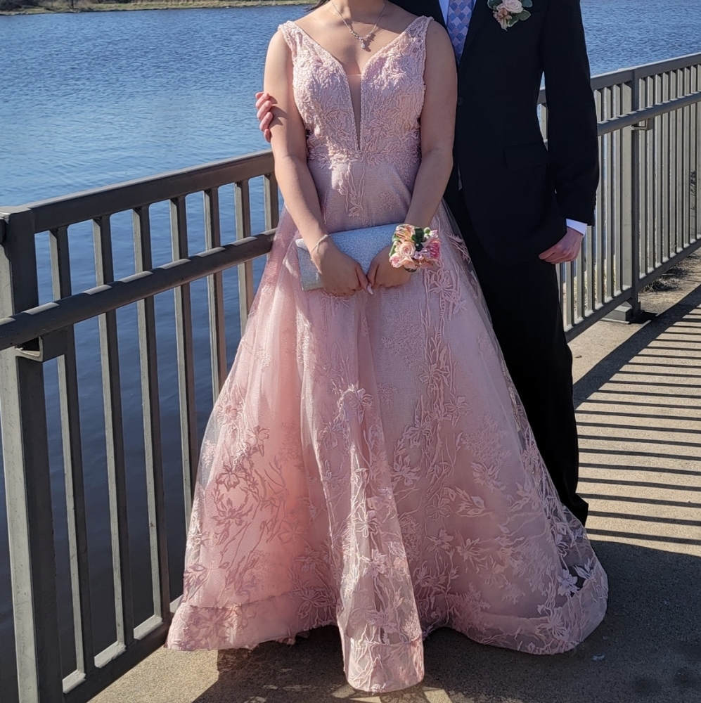 Floral lace tulle beaded prom dress